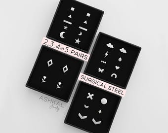 Stud Earring Set • Surgical Steel Minimalist Earrings for Everyday • Nickel free Earrings for Sensitive Ears • Simple Earrings for stacking