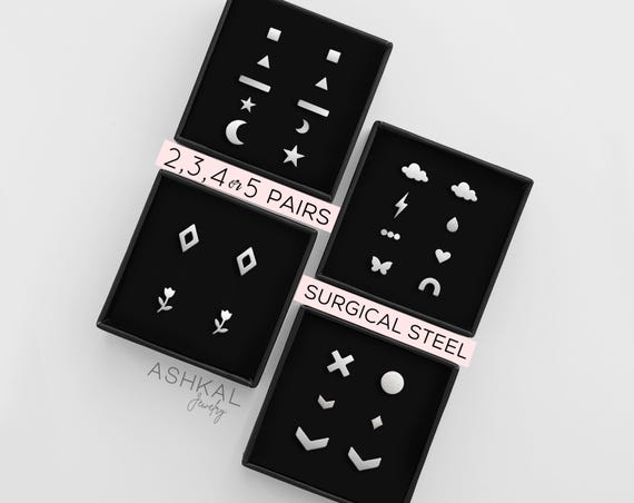 Stud Earring Set • Surgical Steel Minimalist Earrings for Everyday • Nickel free Earrings for Sensitive Ears • Simple Earrings for stacking
