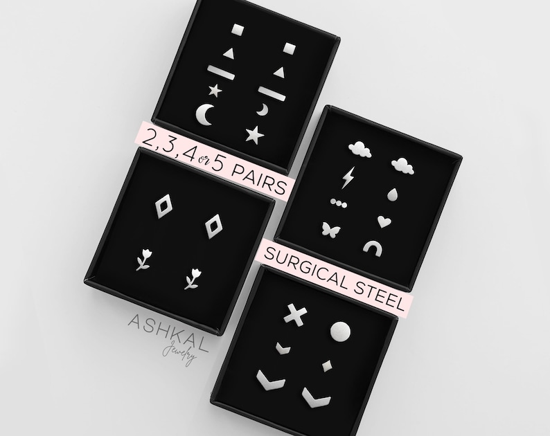 Stud Earring Set • Surgical Steel Minimalist Earrings for Everyday • Nickel free Earrings for Sensitive Ears • Simple Earrings for stacking image 1