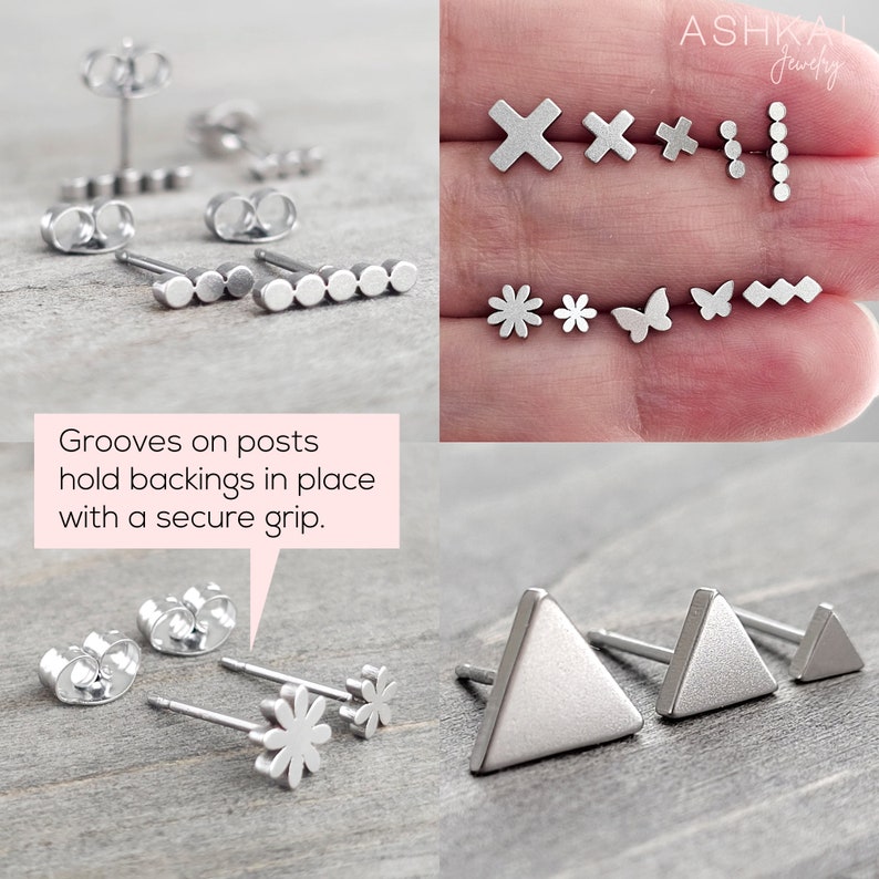 Puede incluir: Un conjunto de pendientes de plata con varios dise&ntilde;os geom&eacute;tricos y florales. Los pendientes se muestran sobre una superficie de madera y una mano. El texto "Grooves on posts hold backings in place with a secure grip." es visible en la imagen.