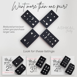 Op de afbeelding: Vier zwarte doosjes met zilveren oorbellen. Elk doosje bevat een andere set oorbellen. De doosjes zijn gelabeld met 'Make your own 2 set', 'Make your own 3 set', 'Make your own 4 set' en 'ASHKAL Jewelry'.