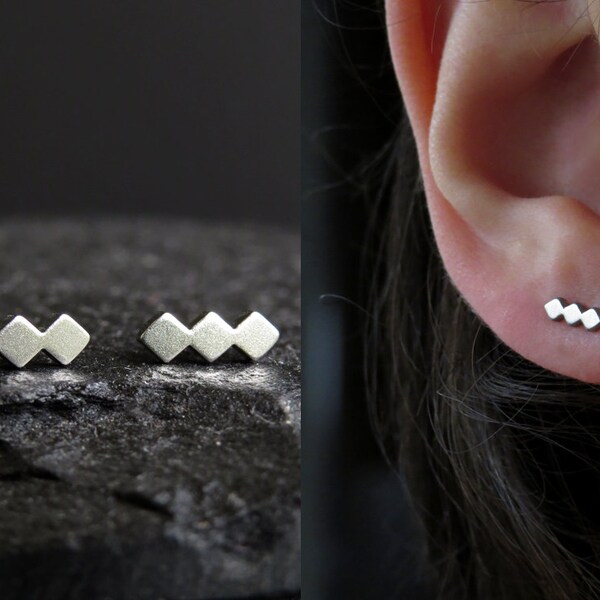 Dainty Stud Earrings • Triple Rhombus Bar Earrings • Delicate Minimalist Earrings • Surgical Steel Hypoallergenic Earrings