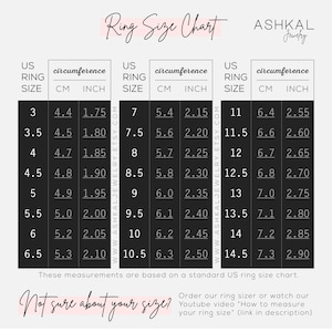 May include: Ring size chart with US ring sizes from 3 to 14.5, corresponding circumference measurements in centimeters and inches. The chart is titled "Ring Size Chart" and "ASHKAL Jewelry". The text "Not sure about your size?" is below the chart with instructions to order a ring sizer or watch a YouTube video on how to measure your ring size.