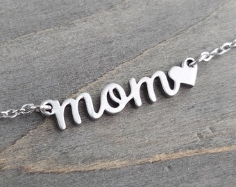 Dainty Heart Mom Necklace • Gift for first time mom • Cute Mother's Day Necklace • Stainless Steel Silver Mom Necklace Baby shower Mom gift