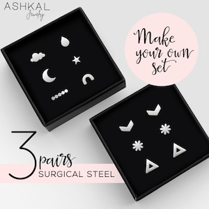 Stud Earring Set 3 Pairs • Cute mismatched earrings for multiple piercings • Second hole earrings • Surgical Stainless Steel Earrings Ashkal