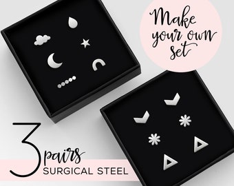 Stud Earring Set 3 Pairs • Cute mismatched earrings for multiple piercings • Second hole earrings • Surgical Stainless Steel Earrings Ashkal