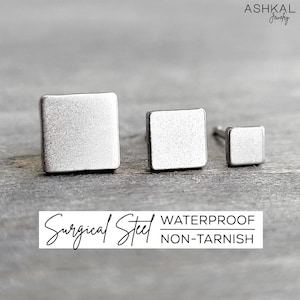 May include: Three silver square stud earrings of different sizes. The earrings are made of surgical steel and are waterproof and non-tarnish.