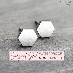 Hexagon Stud Earrings: Geometric Shape Minimalist Beehive Jewelry. Surgical Stainless Steel
