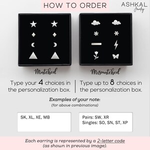 Puede incluir: Una gu&iacute;a sobre c&oacute;mo pedir pendientes de Ashkal Jewelry. La imagen muestra dos cajas, una etiquetada como "Matched" y la otra como "Mismatched". Las cajas contienen diferentes dise&ntilde;os de pendientes, con instrucciones sobre c&oacute;mo pedir pares a juego o no a juego. El texto explica que cada pendiente est&aacute; representado por un c&oacute;digo de 2 letras, como se muestra en la imagen anterior.