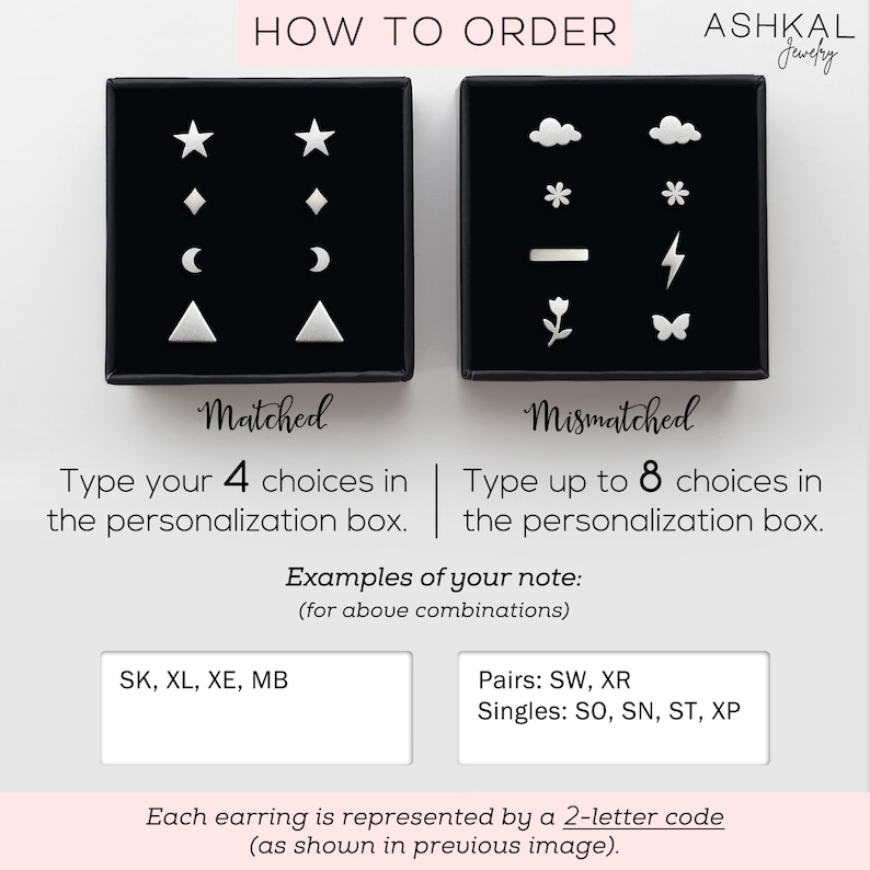 Puede incluir: Una gu&iacute;a sobre c&oacute;mo pedir pendientes de Ashkal Jewelry. La imagen muestra dos cajas, una etiquetada como "Matched" y la otra como "Mismatched". Las cajas contienen diferentes dise&ntilde;os de pendientes, con instrucciones sobre c&oacute;mo pedir pares a juego o no a juego. El texto explica que cada pendiente est&aacute; representado por un c&oacute;digo de 2 letras, como se muestra en la imagen anterior.