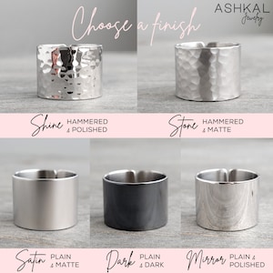May include: A visual guide to different ring finishes, showing six examples of hammered, polished, matte, and dark finishes. The text reads "Choose a finish" and "ASHKAL Jewelry".