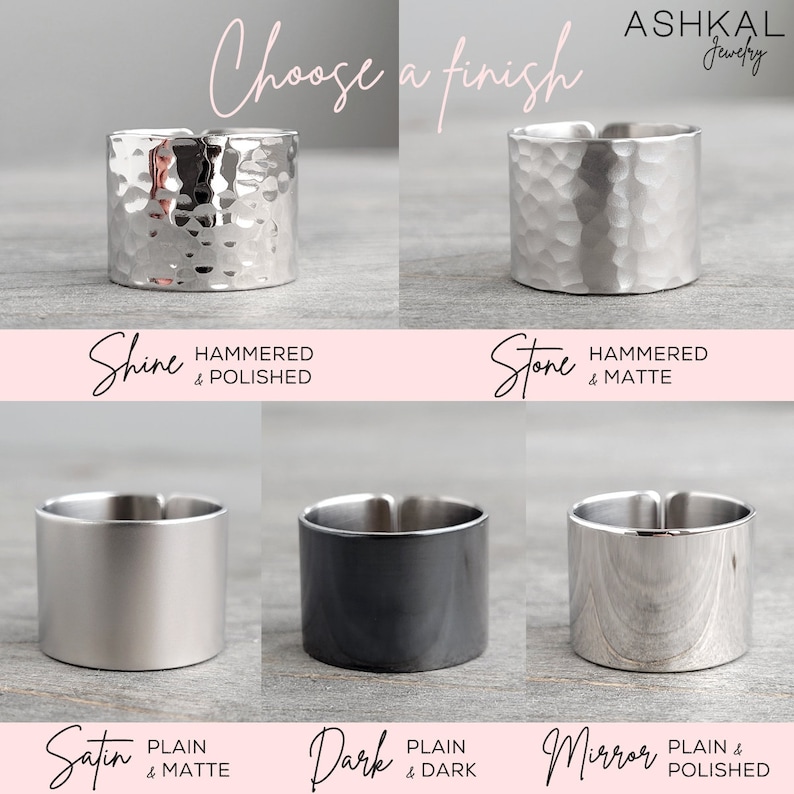 May include: A visual guide to different ring finishes, showing six examples of hammered, polished, matte, and dark finishes. The text reads "Choose a finish" and "ASHKAL Jewelry".
