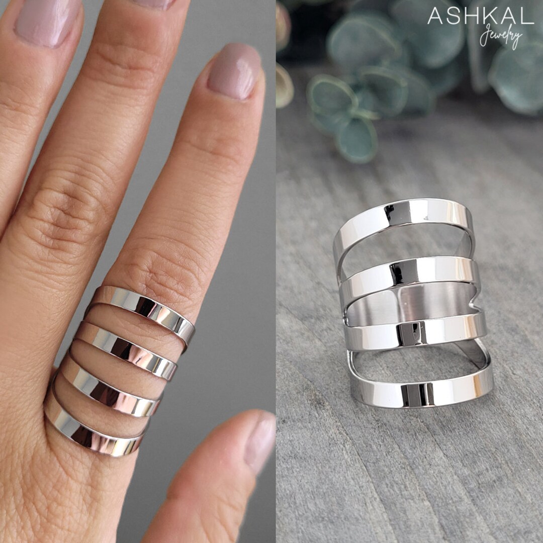 1pc Fashion Stainless Steel Round Decor Layered Cuff Ring main image 1