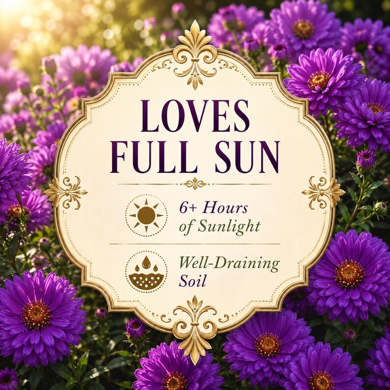 Purple Gem Marigold care guide showing full sunlight and well-draining soil requirements.