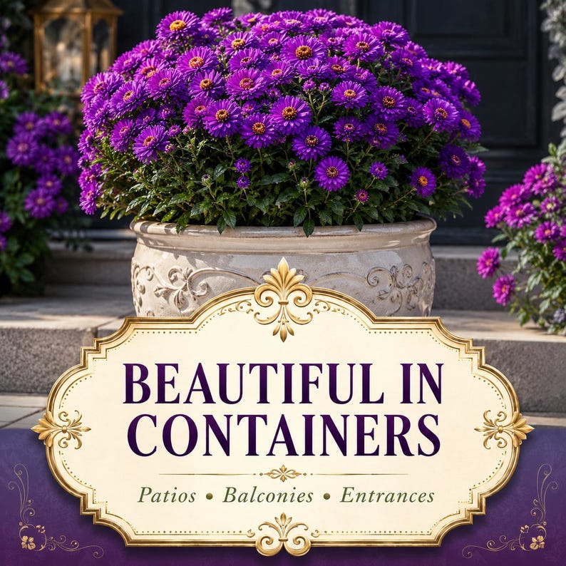 Purple Gem Marigold growing in an elegant patio container with deep plum and burgundy blooms.