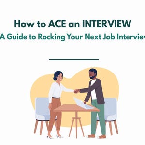 Op de afbeelding: Boekomslag met de titel "How to ACE an INTERVIEW" en de ondertitel "A Guide to Rocking Your Next Job Interview". De cover toont een illustratie van twee mensen die elkaar de hand schudden boven een tafel, met stoelen aan weerszijden. Auteur: Wallis Leadership Development.