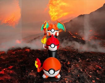 Charmander, Charmeleon en Charizard pokeball met standaard!
