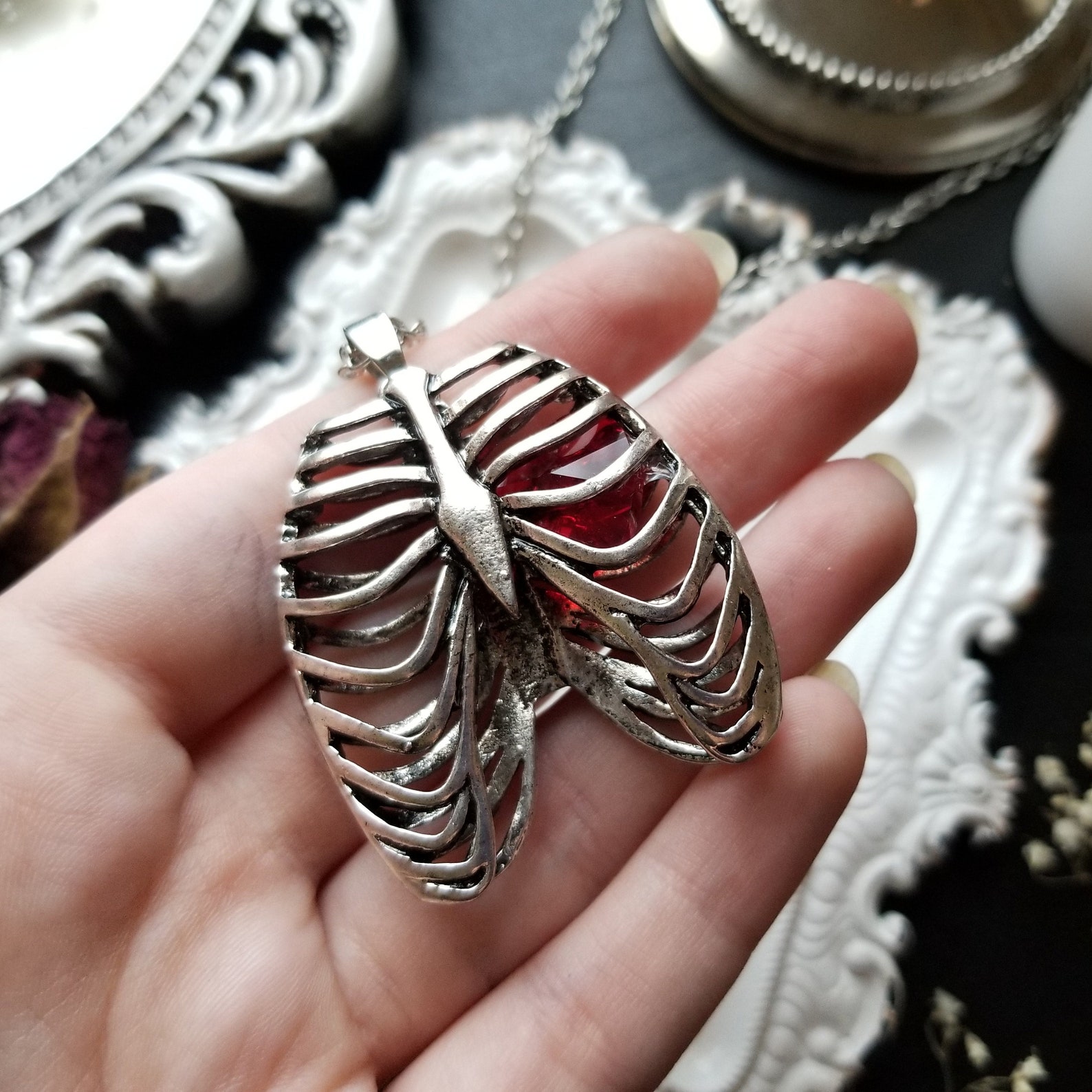 Anatomical Rib Cage Necklace With Crystal Heart Stainless Etsy