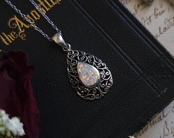 Opal Filigree Teardrop Necklace Sterling Silver