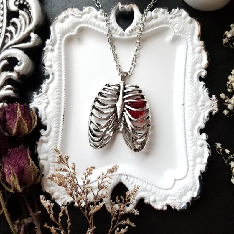 Anatomical Rib Cage Necklace With Crystal Heart Stainless Etsy