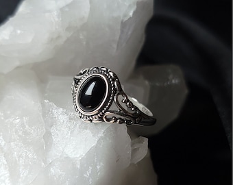 Agatha Black Agate Ornate Ring - Sterling Silver Ring