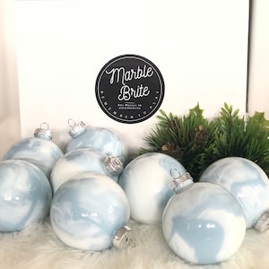 Glass Ball ornaments Handmade Marbled Light Blue Christmas set of 8