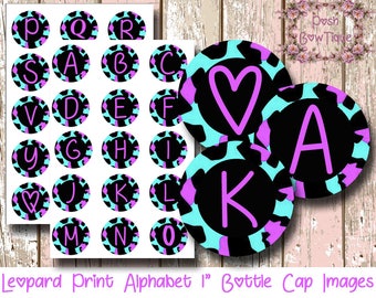 Leopard Print Alphabet Letters 1" Bottle Cap Circle Images. Digital Collage