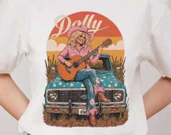 Retro Dolly Parton Graphic Tee – Cowgirl på lastbil, westernkonserttröja
