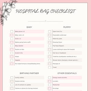 Lista de verificação da mala para o hospital | Download em PDF para impressão | Lista de embalagem para parto | Pode ser personalizada | Lista de itens essenciais para o hospital | Lista de verificação para o parto
