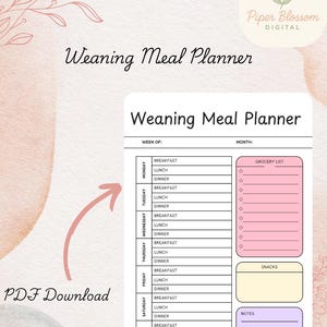 Maaltijdplanner voor het spenen van baby's | Baby's First Foods | Eetdagboek | Afdrukbare pdf-indeling