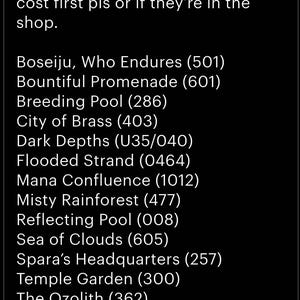 May include: A list of card names and numbers is displayed on a black background. The text includes "Boseiju, Who Endures," "Bountiful Promenade," and other card names. The text also includes the phrase "Here's my list again let me know cost first pls or if they're in the shop."