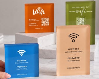 May include: Four rectangular acrylic signs featuring Wi-Fi network and password information. The signs are blue, orange, peach, and olive green, each displaying a unique network name, password, QR code, and the brand name ERIKAGIFTCO.