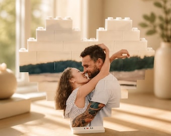 Heart Shaped Photo Blocks, Love you, Custom Initials or Date, Personalized Picture Building Block with Stand, Cute Gift Ideas for Boyfriends