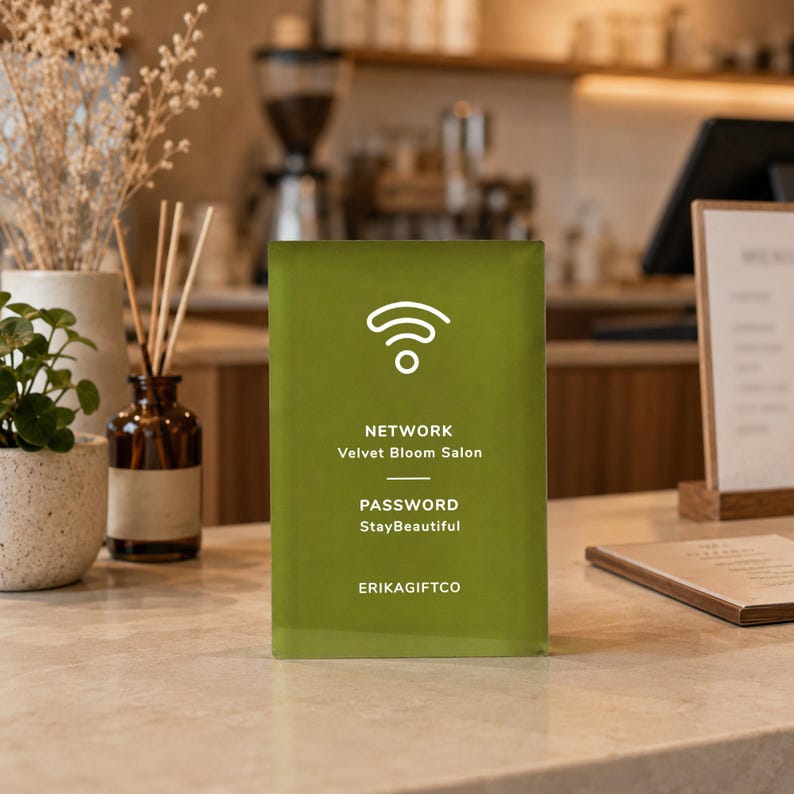 May include: A rectangular olive green sign featuring a white Wi-Fi symbol, the text NETWORK Velvet Bloom Salon, the text PASSWORD StayBeautiful, and the text ERIKAGIFTCO at the bottom. The sign is positioned upright on a flat surface.