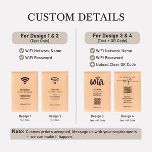 May include: A custom WiFi sign display guide featuring four distinct design options on light peach rectangular cards. Designs 1 and 2 display text for network and password, while designs 3 and 4 include text and a QR code. Text includes CUSTOM DETAILS.
