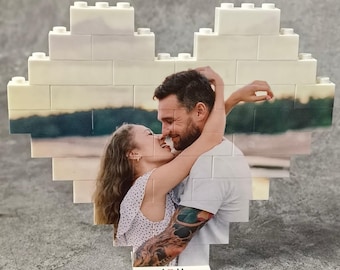 Heart Shaped Photo Blocks, Love you, Custom Initials or Date, Personalized Picture Building Block with Stand, Cute Gift Ideas for Boyfriends