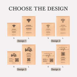 May include: A collection of peach-colored rectangular Wi-Fi signs labeled CHOOSE THE DESIGN, featuring four distinct styles in small and large sizes. Each sign displays network and password information, some with QR codes and the brand name ERIKAGIFTCO.