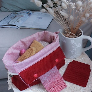 Burgundy Cotton Corduroy Knitting Project Bag with built-in needle holder (DPN) Handmade in the UK