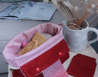 Burgundy Cotton Corduroy Knitting Project Bag with built-in needle holder (DPN) Handmade in the UK