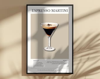 Puede incluir: Un cartel enmarcado con un Espresso Martini. La imagen muestra un cóctel en una copa de tallo, adornado con granos de café. El cartel incluye el nombre de la bebida, los ingredientes y las instrucciones, con un fondo beige.