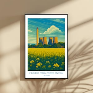 May include: A framed art print of Fiddlers Ferry Power Station in Cheshire. The artwork shows the power station with yellow smokestacks and cooling towers against a blue sky, above a field of yellow flowers. The text "FIDDLERS FERRY POWER STATION CHESHIRE" is at the bottom of the print.