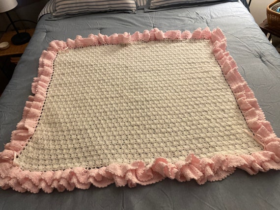 Hand Crocheted Baby Blanket, White and Pink - image 1