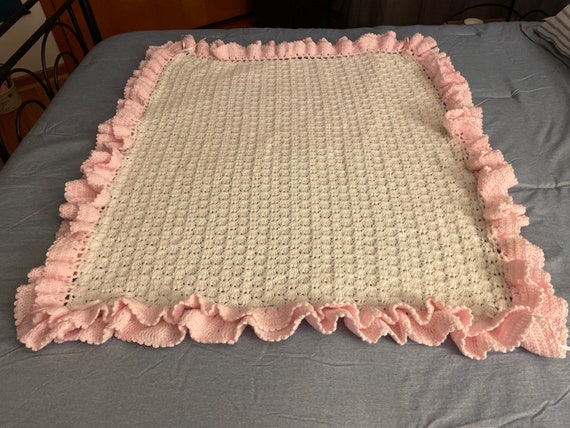 Hand Crocheted Baby Blanket, White and Pink - image 5