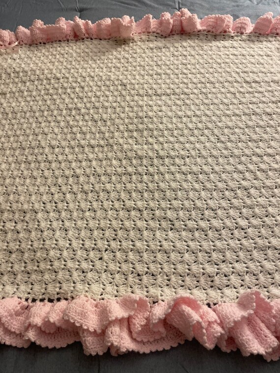 Hand Crocheted Baby Blanket, White and Pink - image 3
