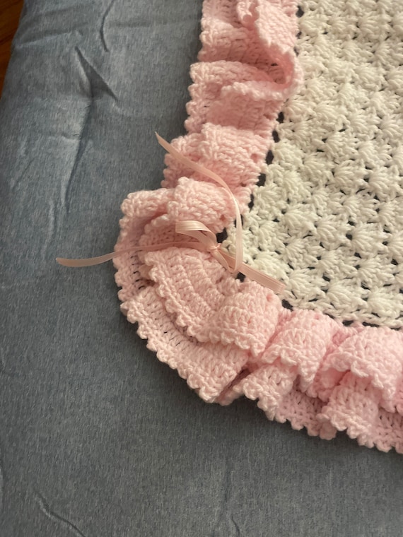 Hand Crocheted Baby Blanket, White and Pink - image 2