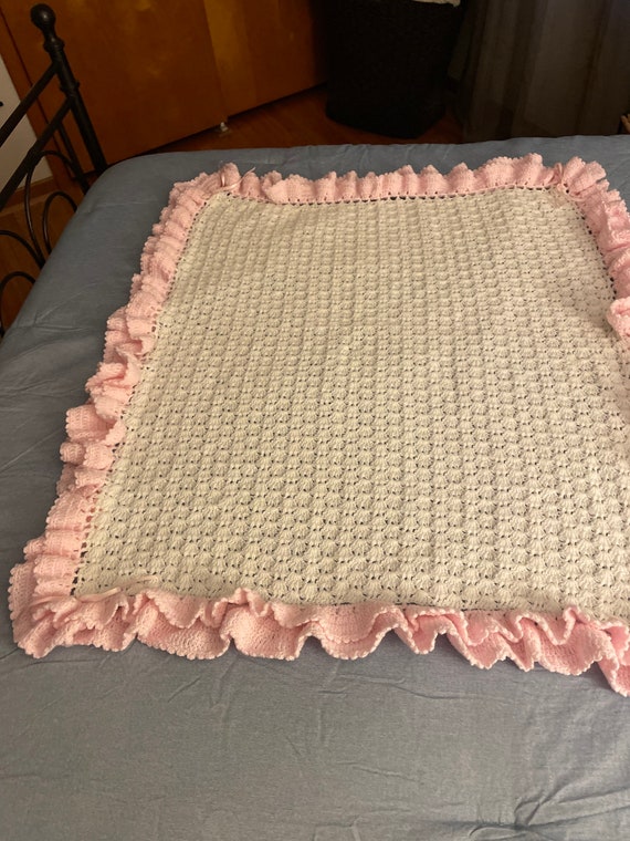 Hand Crocheted Baby Blanket, White and Pink - image 4