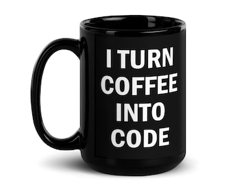 Zwarte glanzende programmeermok 'I Turn Coffee Into Code', Coder Gifts