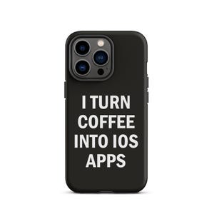 May include: Black phone case featuring the white text "I TURN COFFEE INTO IOS APPS". The case has a camera module with three lenses and a flash. The phone case is designed to fit a smartphone.