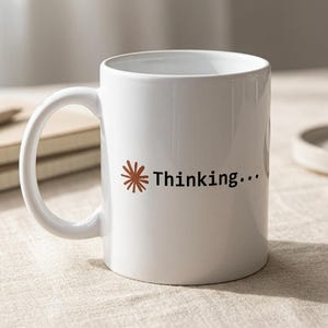 Puede incluir: Una taza de cerámica blanca con un gráfico de estrella marrón junto al texto negro "Thinking..." impreso en el lateral. La taza tiene un acabado liso y brillante, un cuerpo cilíndrico y un asa curva en el lado izquierdo para sujetarla.