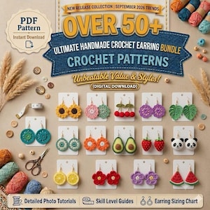 Op de afbeelding: Afbeelding met haakpatronen voor oorbellen. Verschillende ontwerpen zijn te zien, waaronder zonnebloemen, kersen en avocado's. De tekst luidt "OVER 50+ ULTIMATE HANDMADE CROCHET EARRING BUNDLE CROCHET PATTERNS".